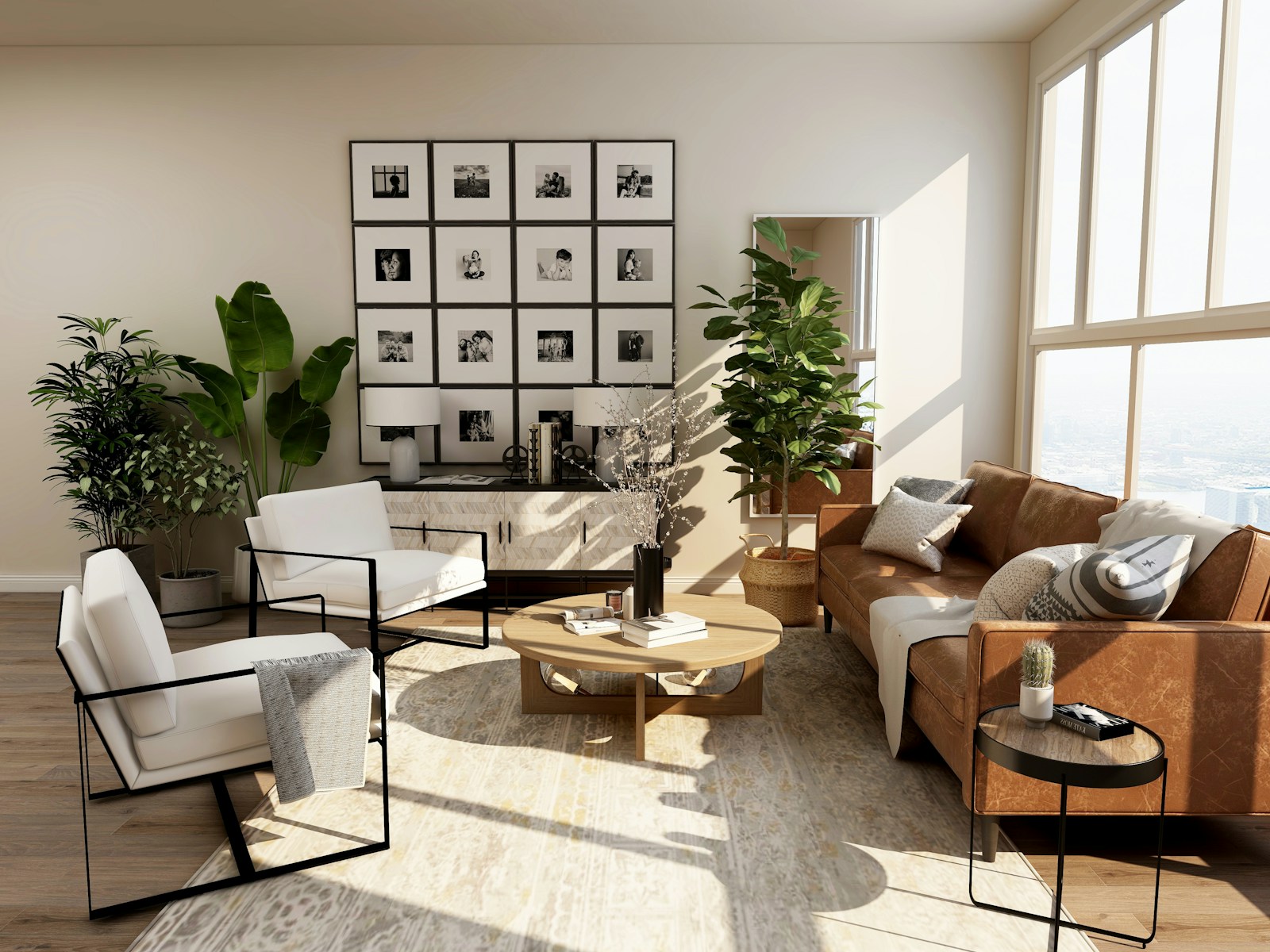 Bright, comfortable living room with neatly arranged furniture